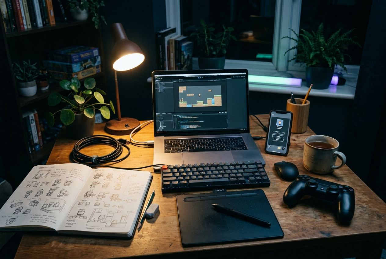 A desk at night with a laptop showing a 2D platformer level in a game editor, a sketchbook of character drawings, a graphics tablet and a game controller